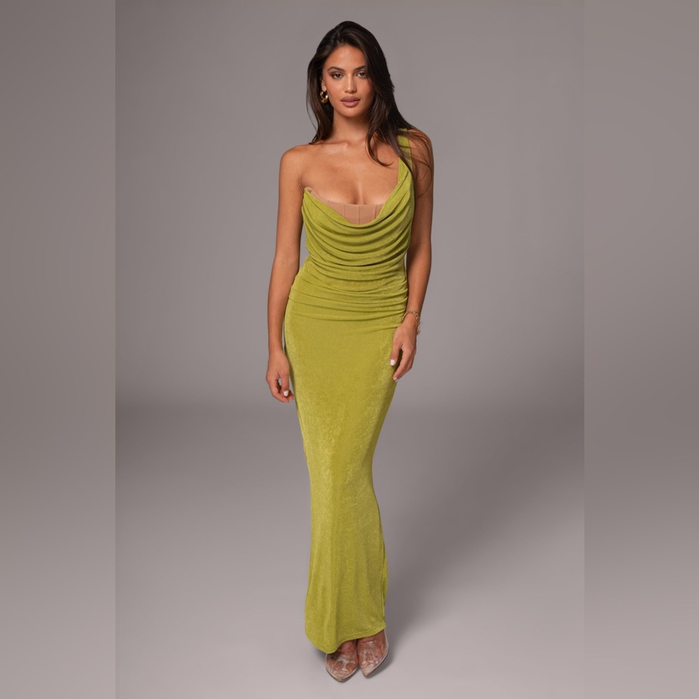 JLUXLABEL Lime Green Slinky Krishna One Shoulder Maxi Dress size small